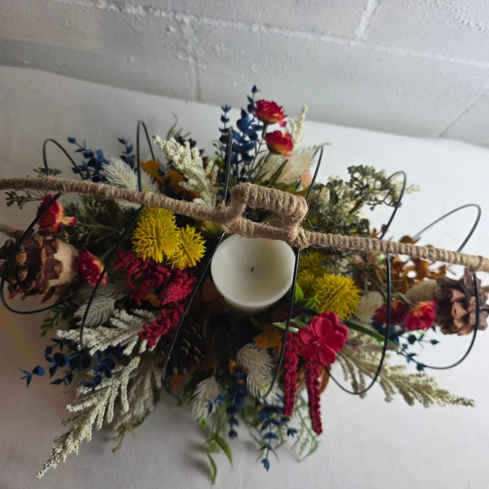 Rustic Fall Wire 3D Pumpkin Centerpiece Faux Florals Flameless Candle